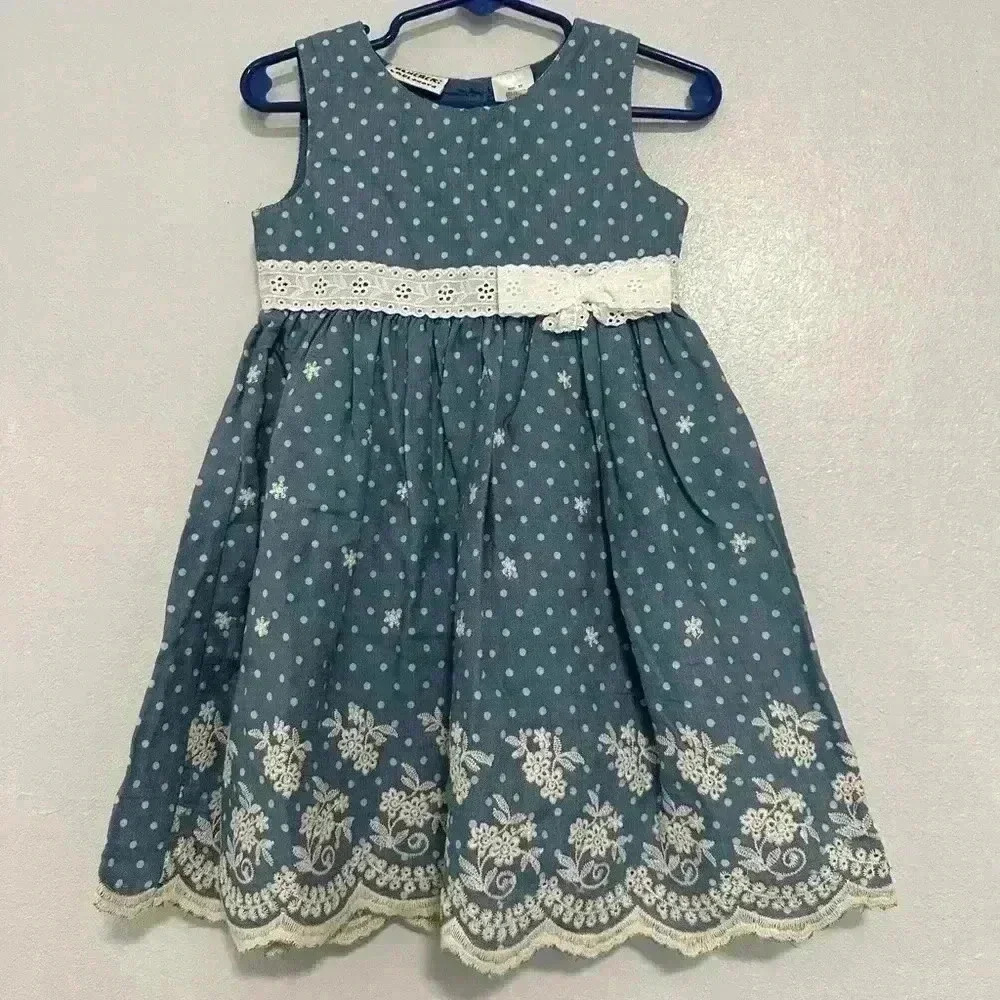 Blueberry Boulevard Baby Girl Dress 3T Blue Polka Dot Embroidered Lace Sleeveles